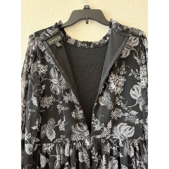 HARPER 241 Black White Floral Chiffon Mini Dress Womens Size 8 High Neck Ruffled - Picture 7 of 10
